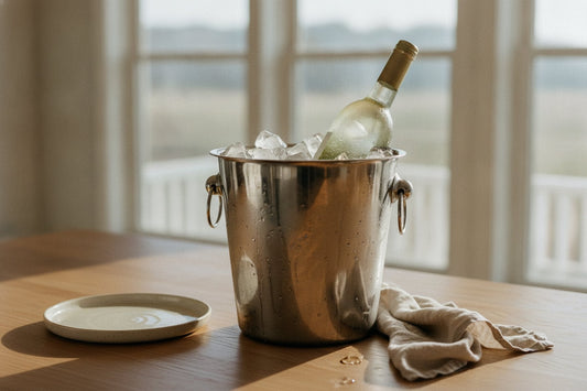 Vitt vin kyls i en ishink på köksbordet