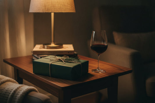 Julklapp i grönt papper bredvid ett glas rödvin