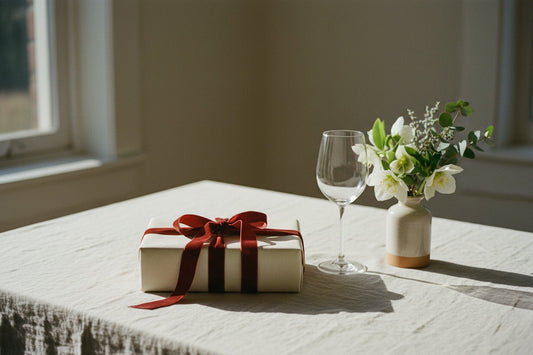 Julklapp med rött band bredvid ett vinglas och vita blommor