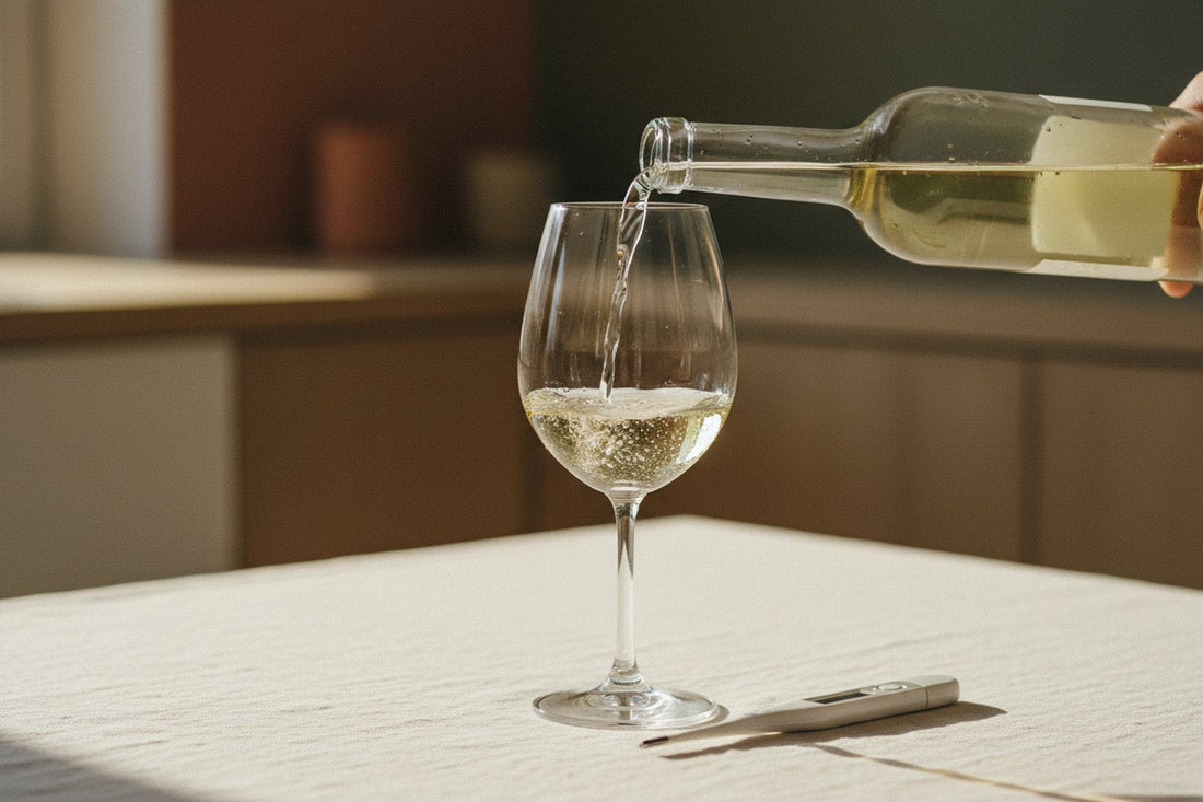 Vitt vin hälls upp, med en termometer på bordet