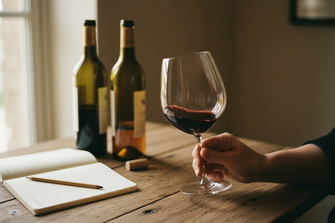 Person snurrar rödvin i ett provsmakningsglas vid ett träbord