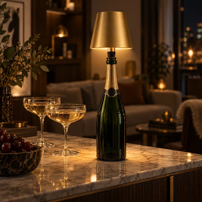 Flasklampan matt guld på champagneflaska